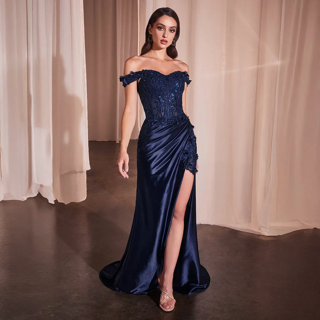 Ladivine by Cinderella Divine Navy Fitted 3D Floral Corset Prom Dress sold by Unique Vintage product image thumbnail 2