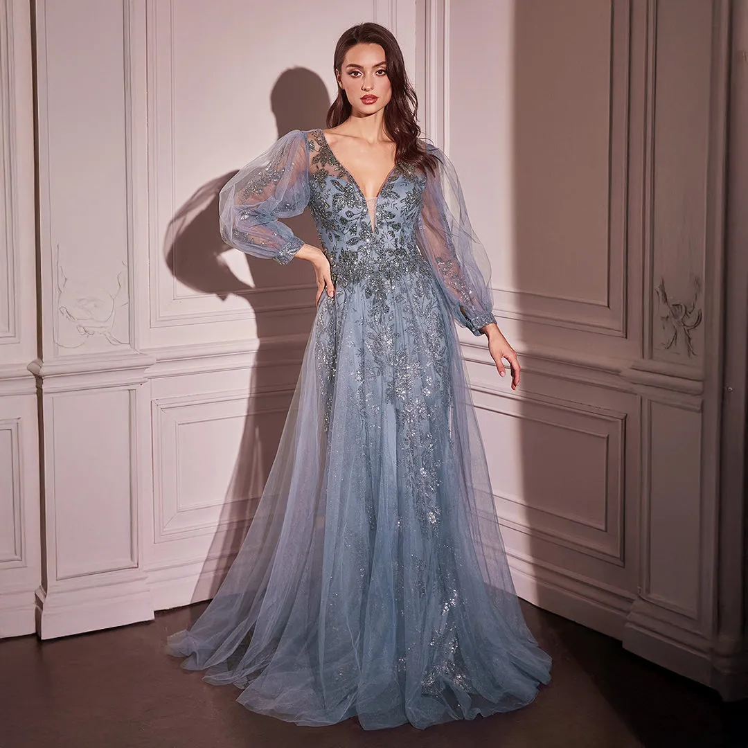 Ladivine by Cinderella Divine Smoky Blue Beaded Long Sleeve A-Line Prom Dress sold by Unique Vintage