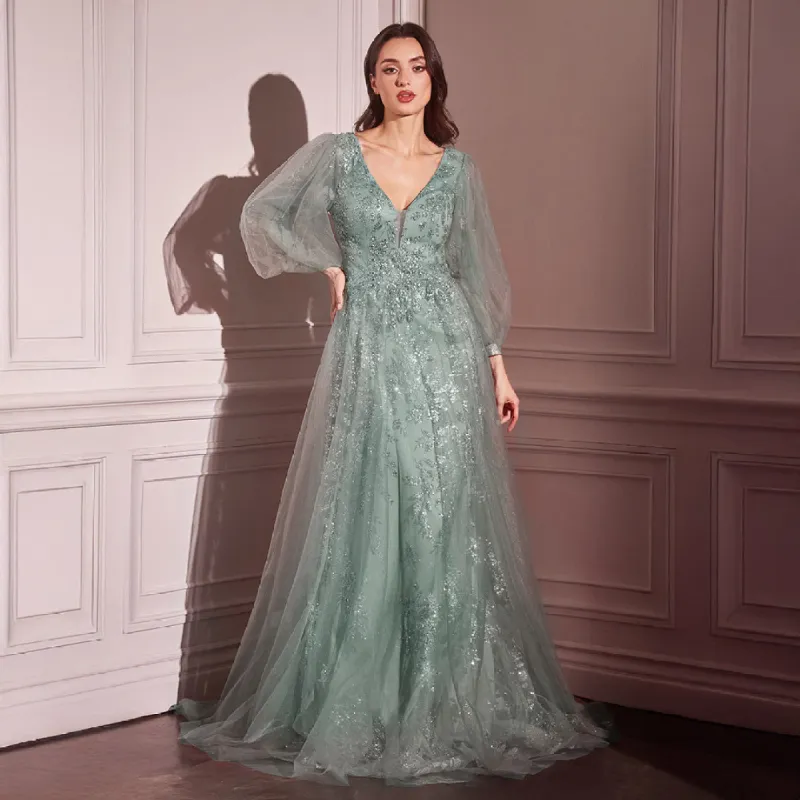 Ladivine by Cinderella Divine Sage Beaded Long Sleeve A-Line Prom Dress sold by Unique Vintage