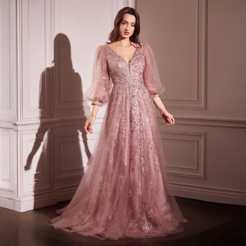 Ladivine by Cinderella Divine Rose Gold Beaded Long Sleeve A-Line Prom Dress sold by Unique Vintage