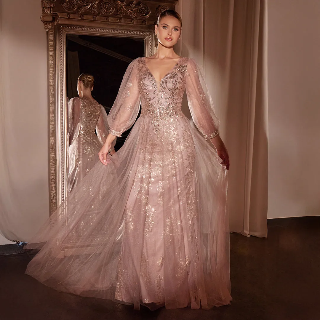 Ladivine by Cinderella Divine Mauve Beaded Long Sleeve A-Line Prom Dress sold by Unique Vintage product image thumbnail 3