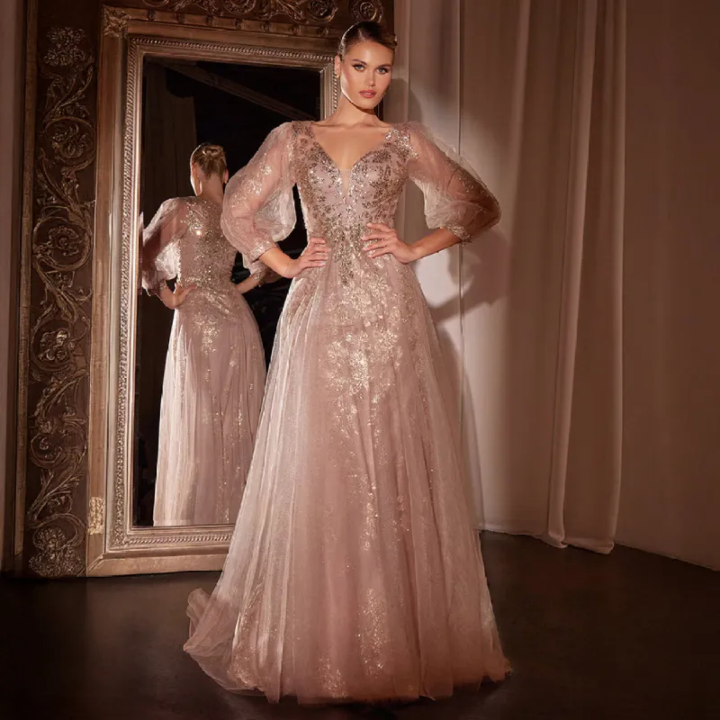 Ladivine by Cinderella Divine Mauve Beaded Long Sleeve A-Line Prom Dress sold by Unique Vintage