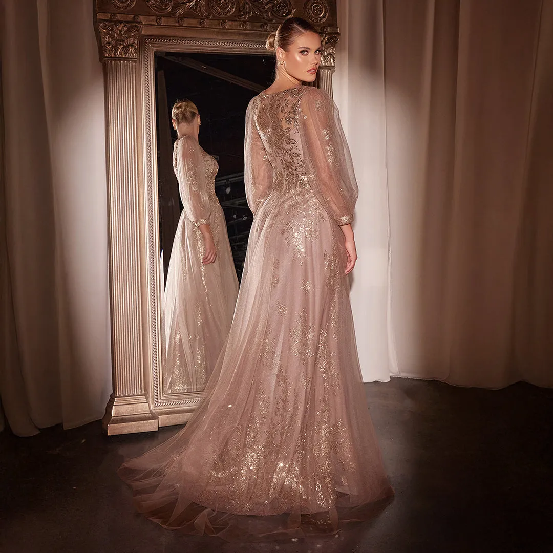 Ladivine by Cinderella Divine Mauve Beaded Long Sleeve A-Line Prom Dress sold by Unique Vintage product image thumbnail 2