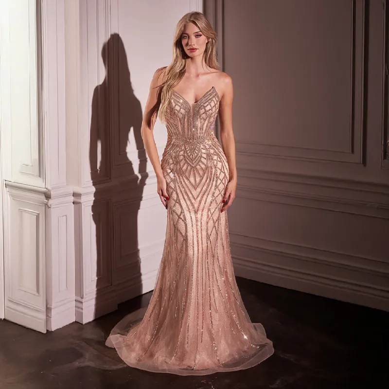 Ladivine by Cinderella Divine Rose Gold Embellished Strapless Mermaid Prom Dress sold by Unique Vintage
