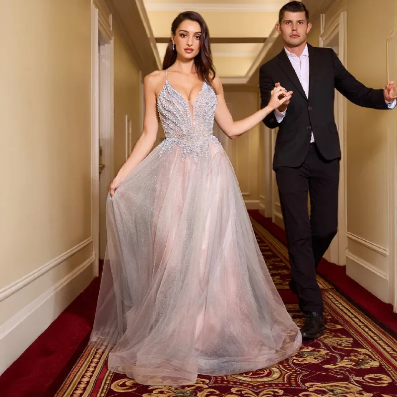 Ladivine by Cinderella Divine Silver Nude Pearl Beaded Sleeveless Prom Dress sold by Unique Vintage