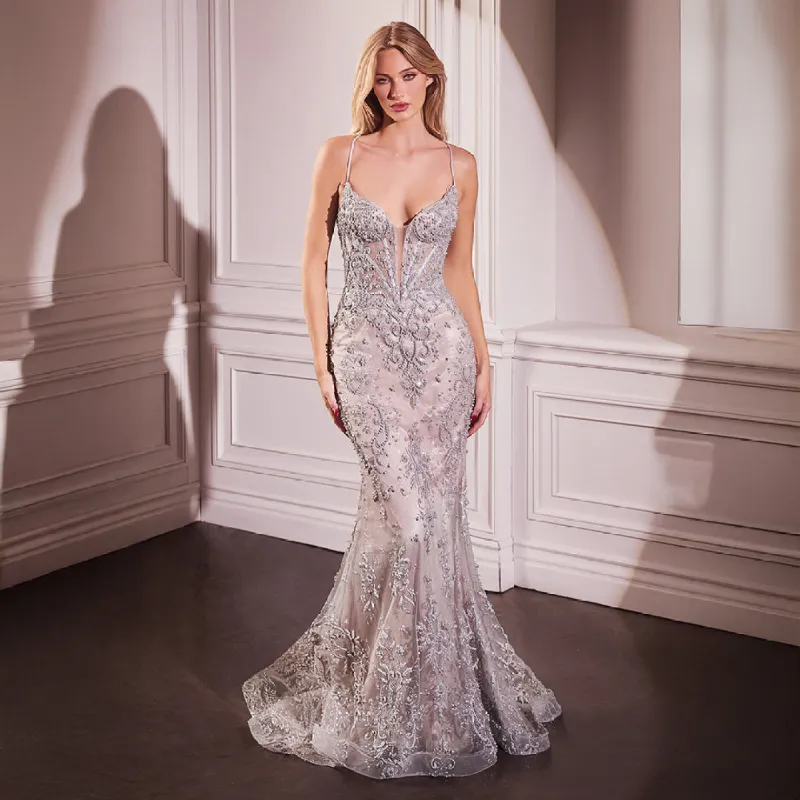 Ladivine by Cinderella Divine Silver Beaded Sleeveless Mermaid Prom Dress sold by Unique Vintage