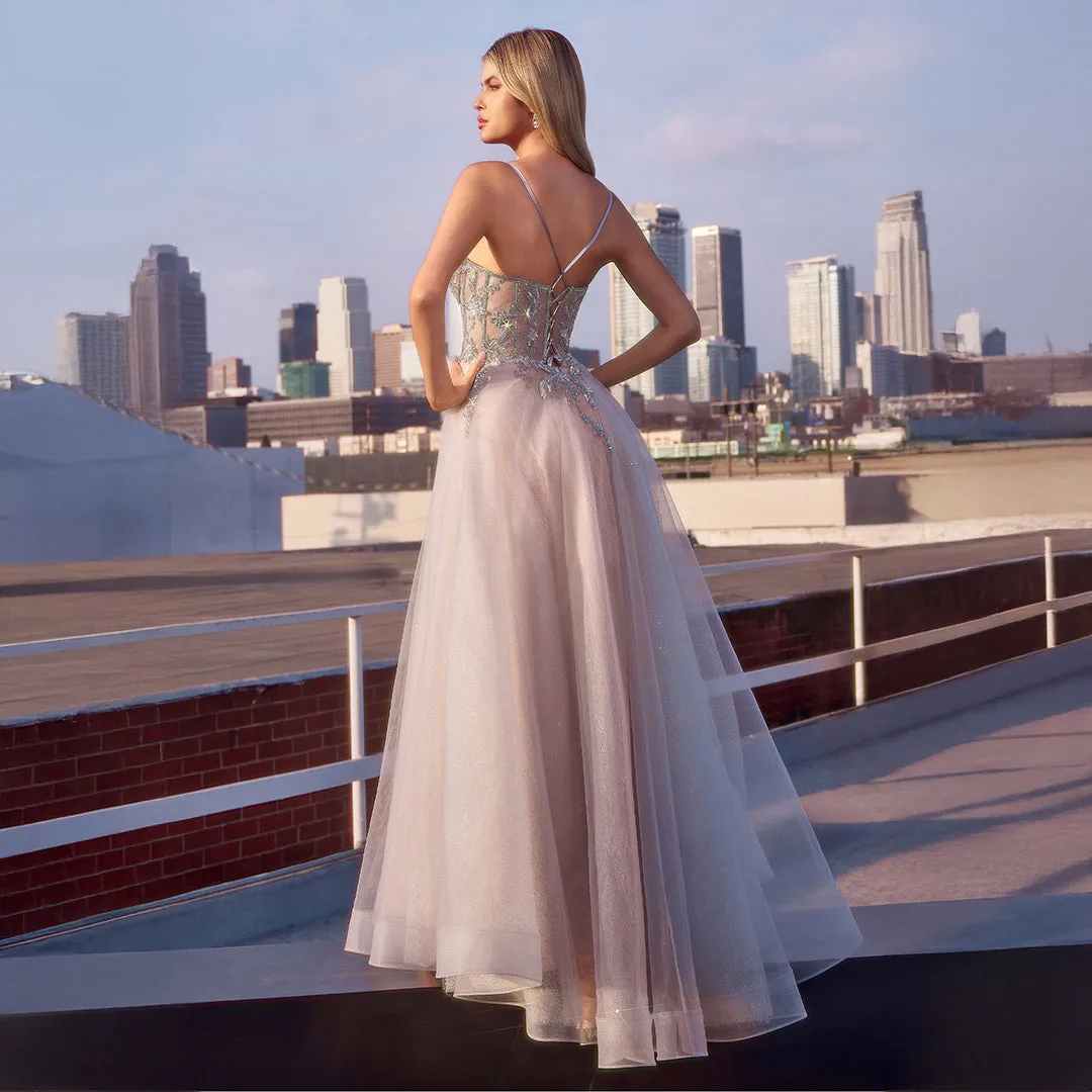 Ladivine by Cinderella Divine Silver Nude Applique Sleeveless Tulle Prom Dress sold by Unique Vintage product image thumbnail 2