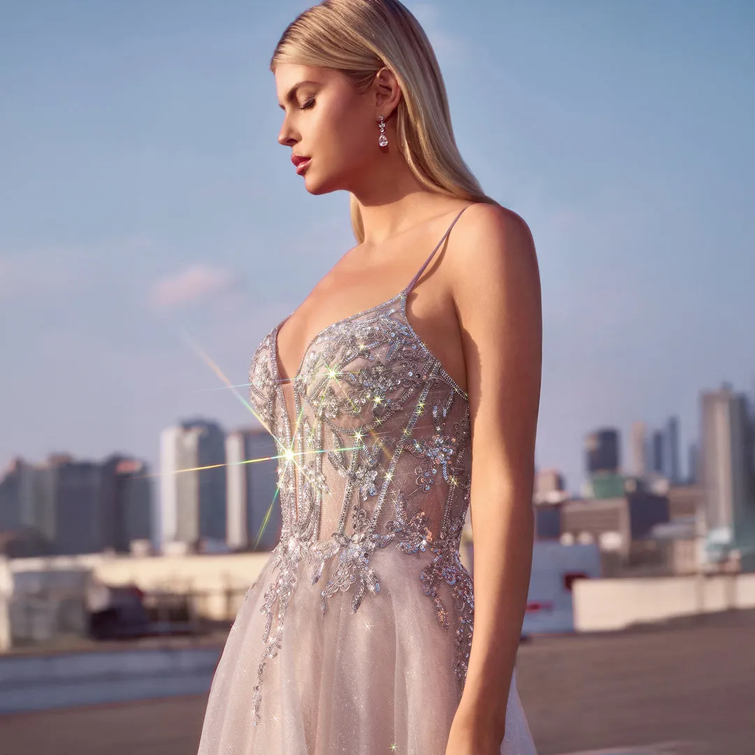 Ladivine by Cinderella Divine Silver Nude Applique Sleeveless Tulle Prom Dress sold by Unique Vintage product image thumbnail 3