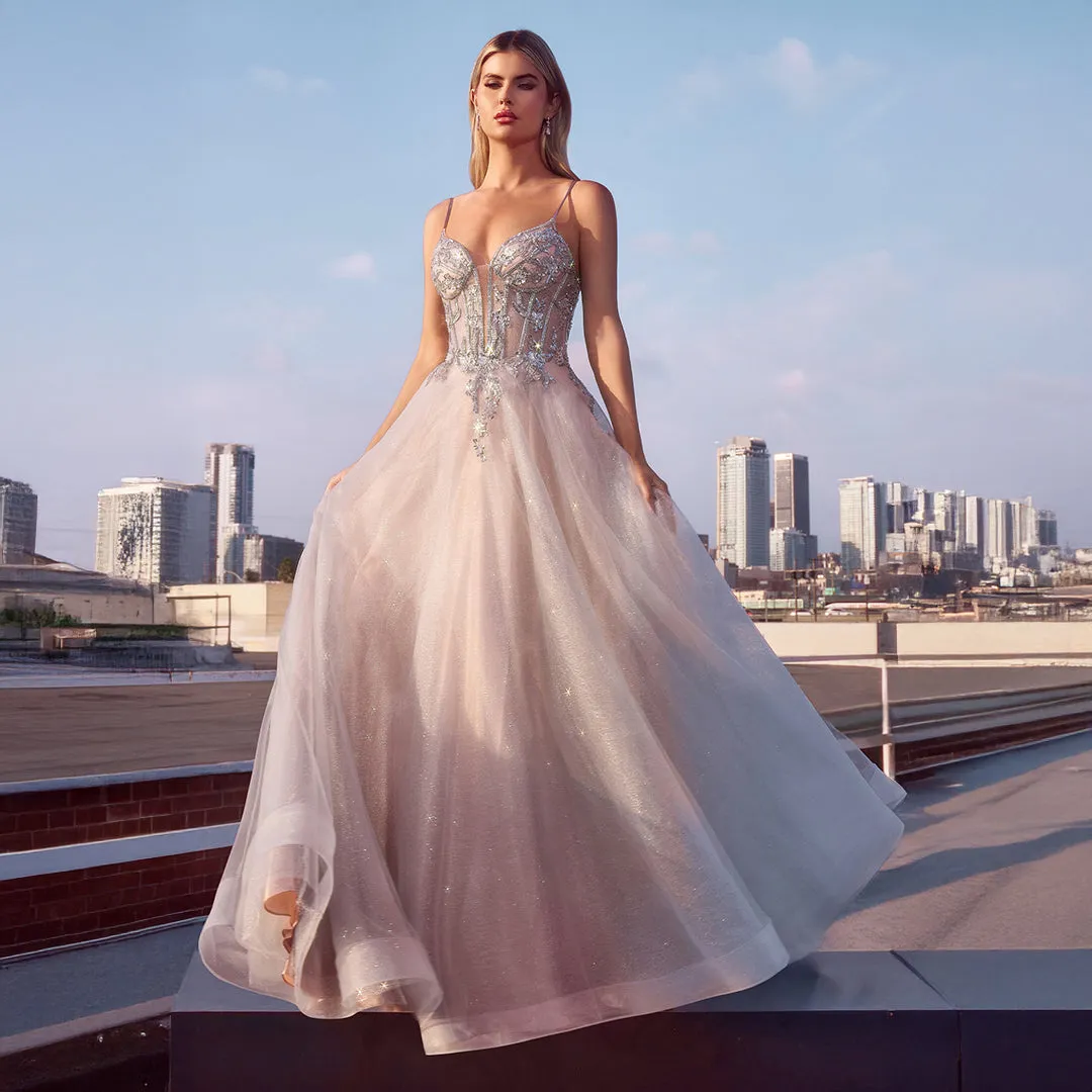 Ladivine by Cinderella Divine Silver Nude Applique Sleeveless Tulle Prom Dress sold by Unique Vintage product image thumbnail 4