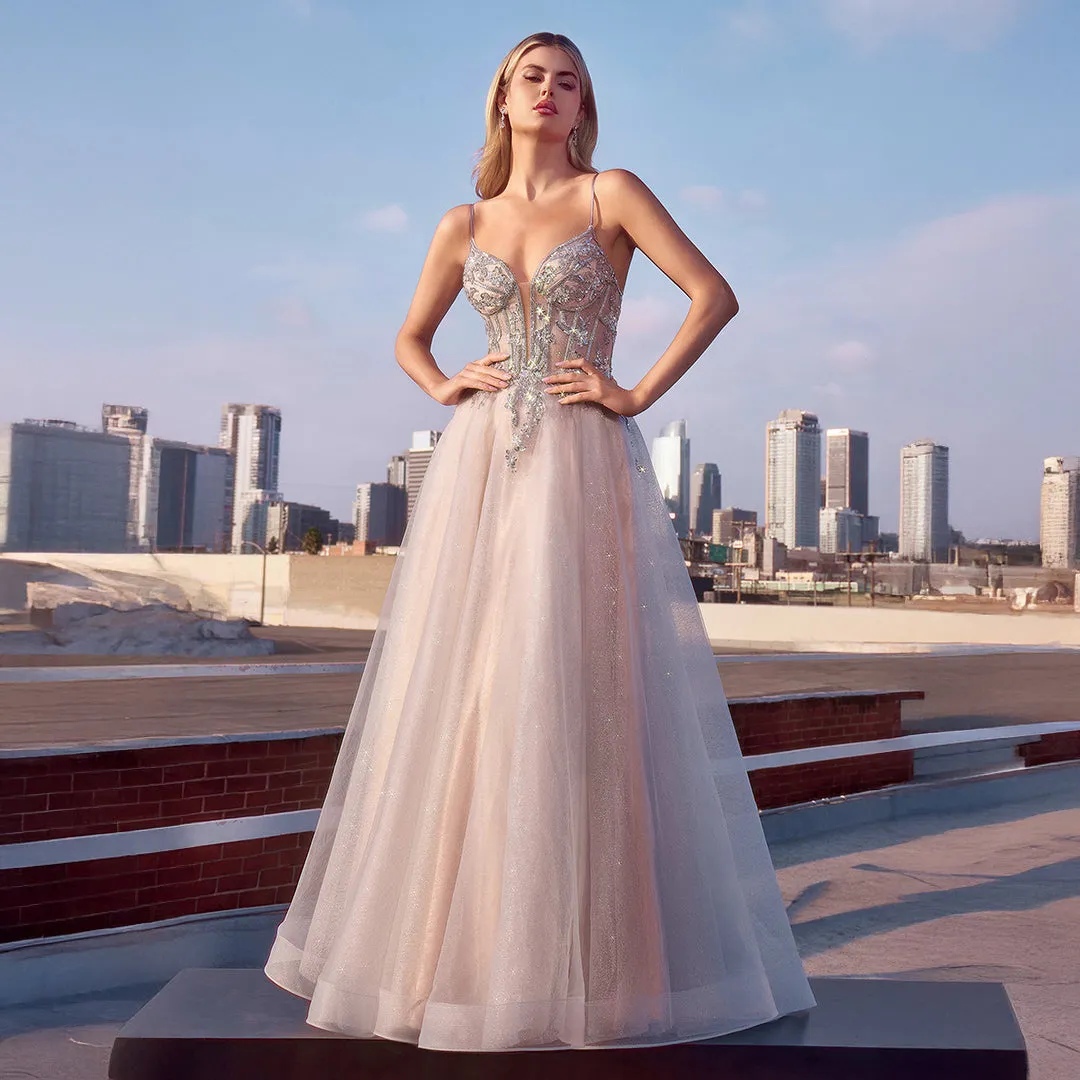 Ladivine by Cinderella Divine Silver Nude Applique Sleeveless Tulle Prom Dress sold by Unique Vintage