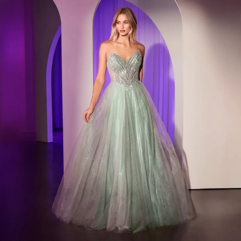 Ladivine by Cinderella Divine Sage Beaded Strapless Tulle Prom Dress sold by Unique Vintage