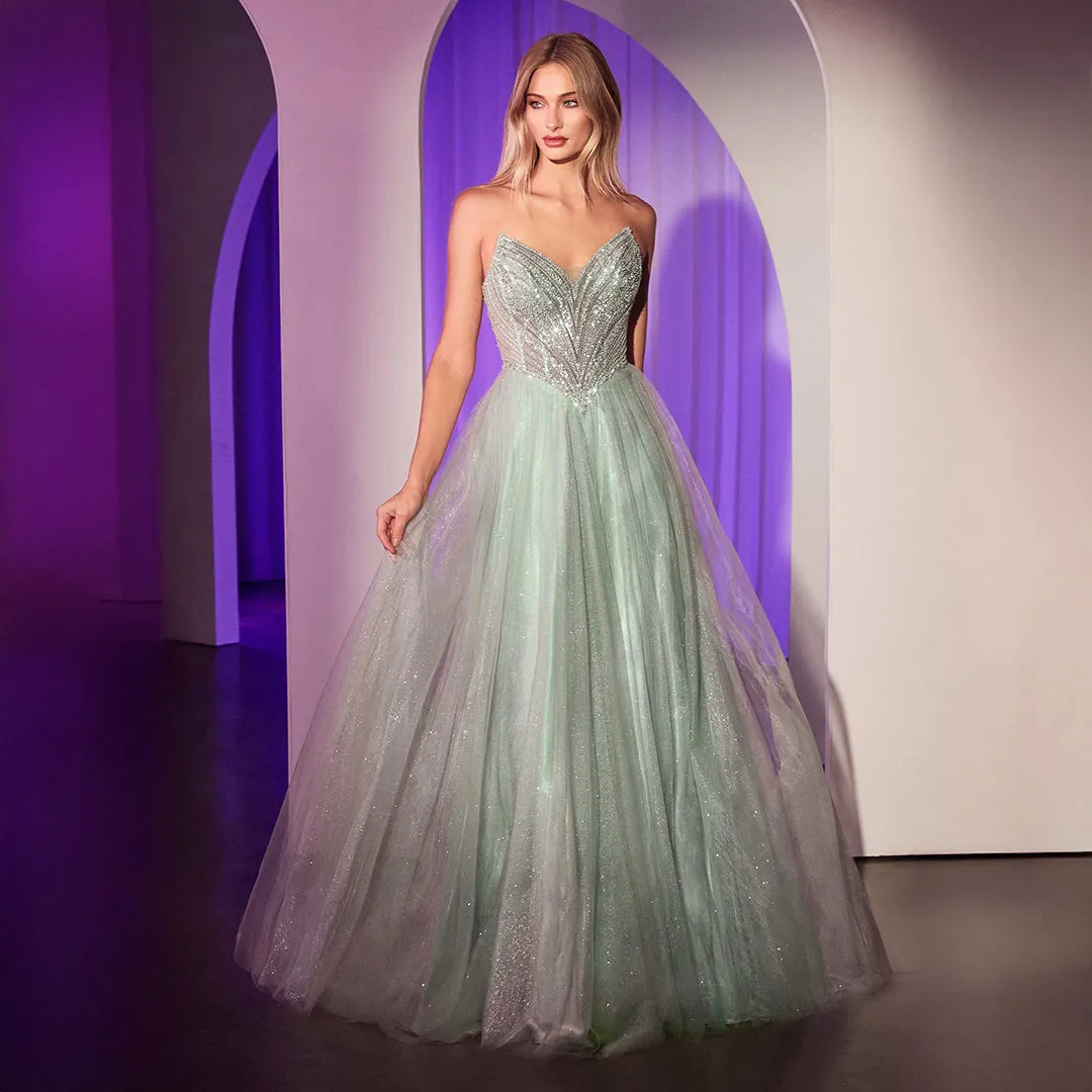 Ladivine by Cinderella Divine Sage Beaded Strapless Tulle Prom Dress sold by Unique Vintage
