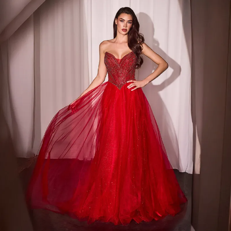 Ladivine by Cinderella Divine Red Beaded Strapless Tulle Prom Dress sold by Unique Vintage