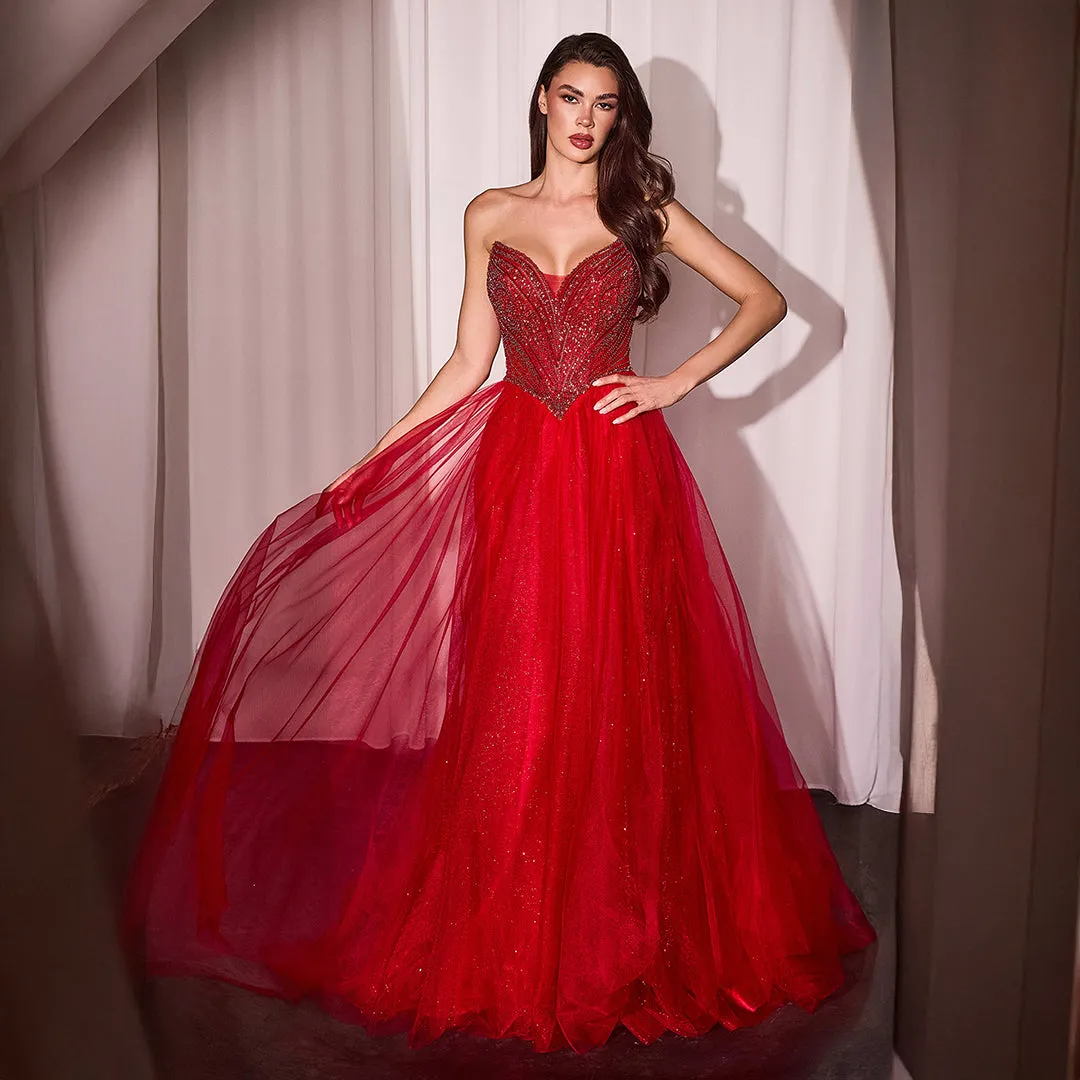 Ladivine by Cinderella Divine Red Beaded Strapless Tulle Prom Dress sold by Unique Vintage