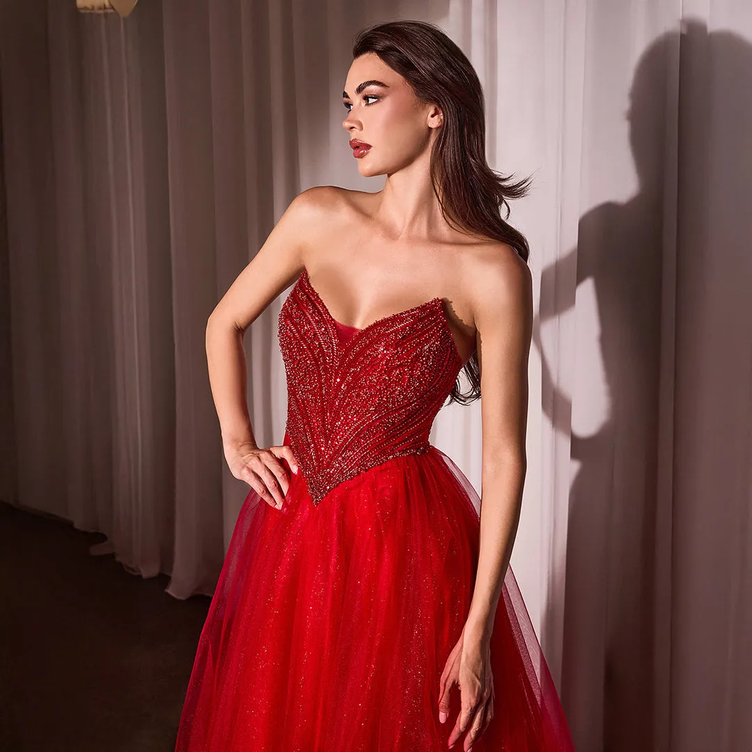 Ladivine by Cinderella Divine Red Beaded Strapless Tulle Prom Dress sold by Unique Vintage product image thumbnail 2