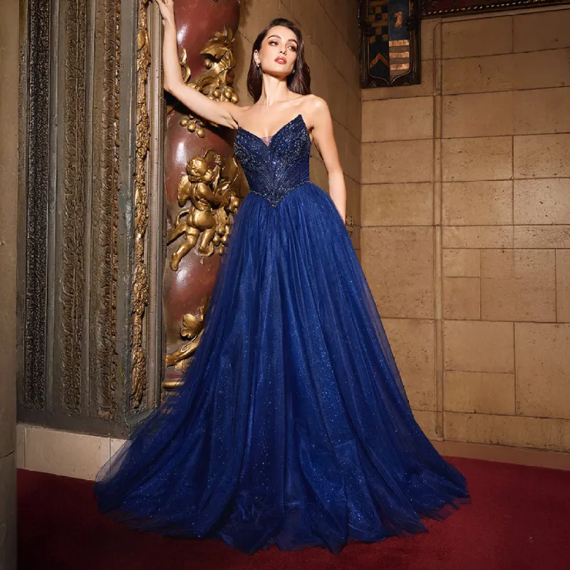 Ladivine by Cinderella Divine Navy Beaded Strapless Tulle Prom Dress sold by Unique Vintage