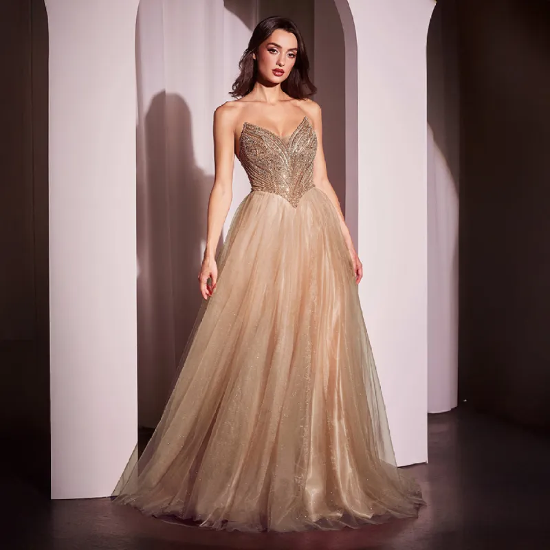 Ladivine by Cinderella Divine Mocha Gold Beaded Strapless Tulle Prom Dress sold by Unique Vintage