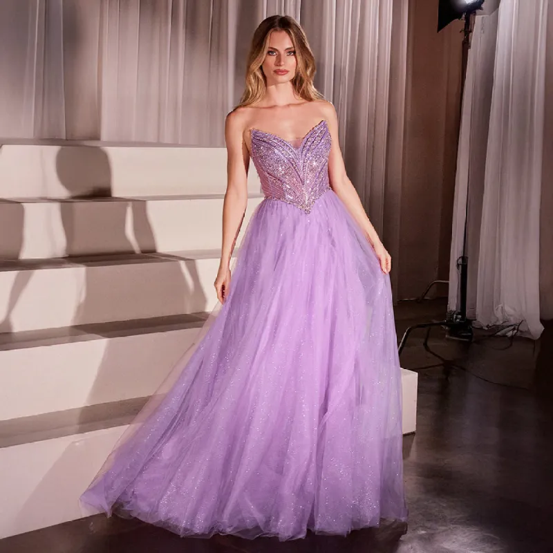 Ladivine by Cinderella Divine Lavender Beaded Strapless Tulle Prom Dress sold by Unique Vintage