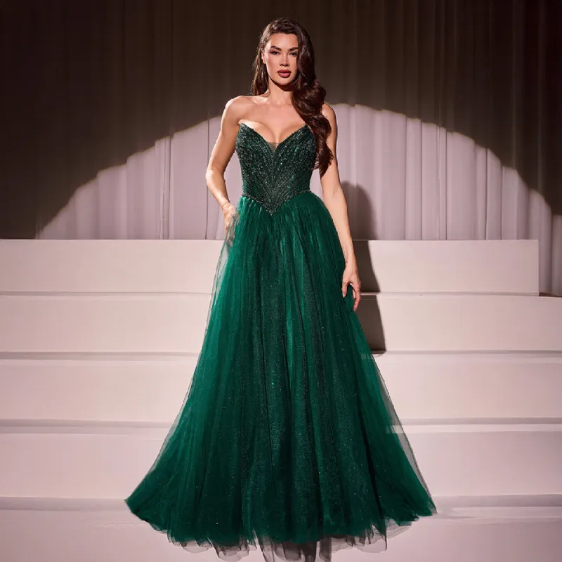 Ladivine by Cinderella Divine Emerald Beaded Strapless Tulle Prom Dress sold by Unique Vintage