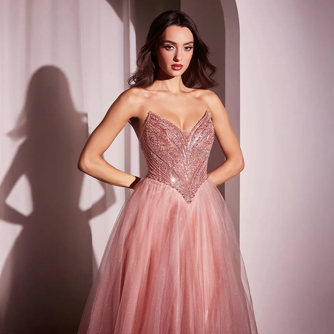 Ladivine by Cinderella Divine Blush Beaded Strapless Tulle Prom Dress sold by Unique Vintage