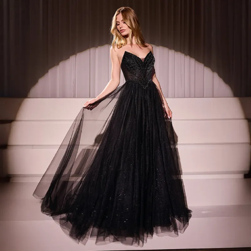 Ladivine by Cinderella Divine Black Beaded Strapless Tulle Prom Dress sold by Unique Vintage