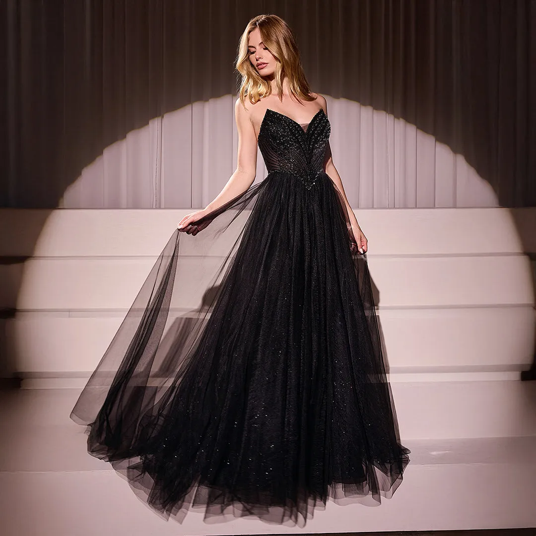 Ladivine by Cinderella Divine Black Beaded Strapless Tulle Prom Dress sold by Unique Vintage