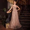 Ladivine by Cinderella Divine Mocha Gold Beaded Off Shoulder A-Line Prom Dress sold by Unique Vintage
