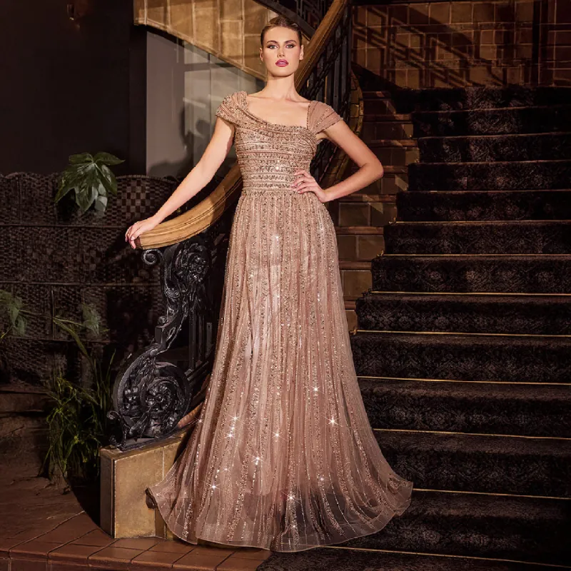 Ladivine by Cinderella Divine Mocha Gold Beaded Off Shoulder A-Line Prom Dress sold by Unique Vintage