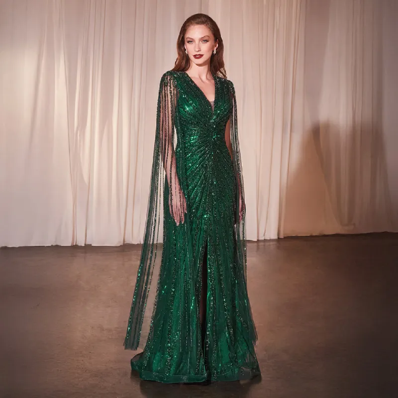 Ladivine by Cinderella Divine Emerald Beaded Cape Sleeve Slit Prom Dress sold by Unique Vintage