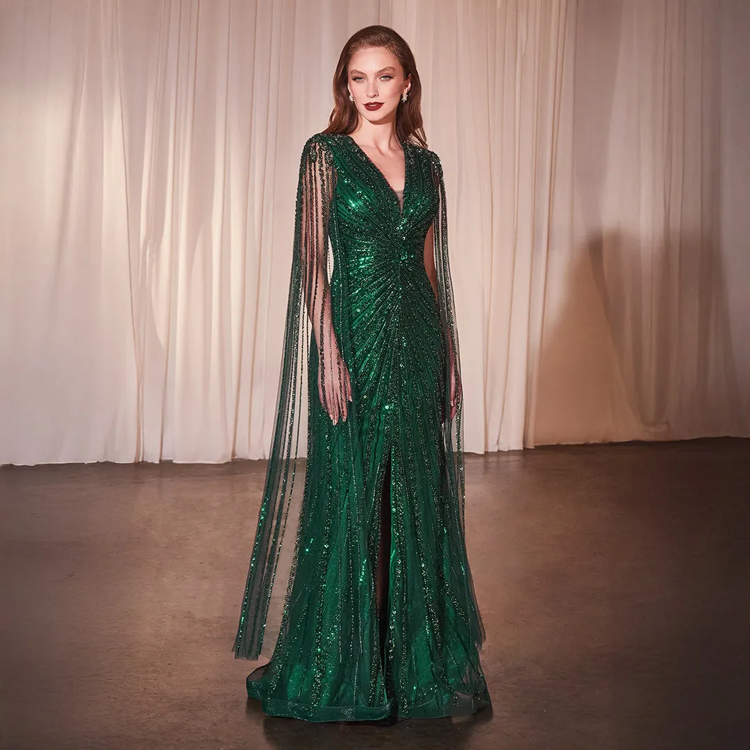 Ladivine by Cinderella Divine Emerald Beaded Cape Sleeve Slit Prom Dress sold by Unique Vintage