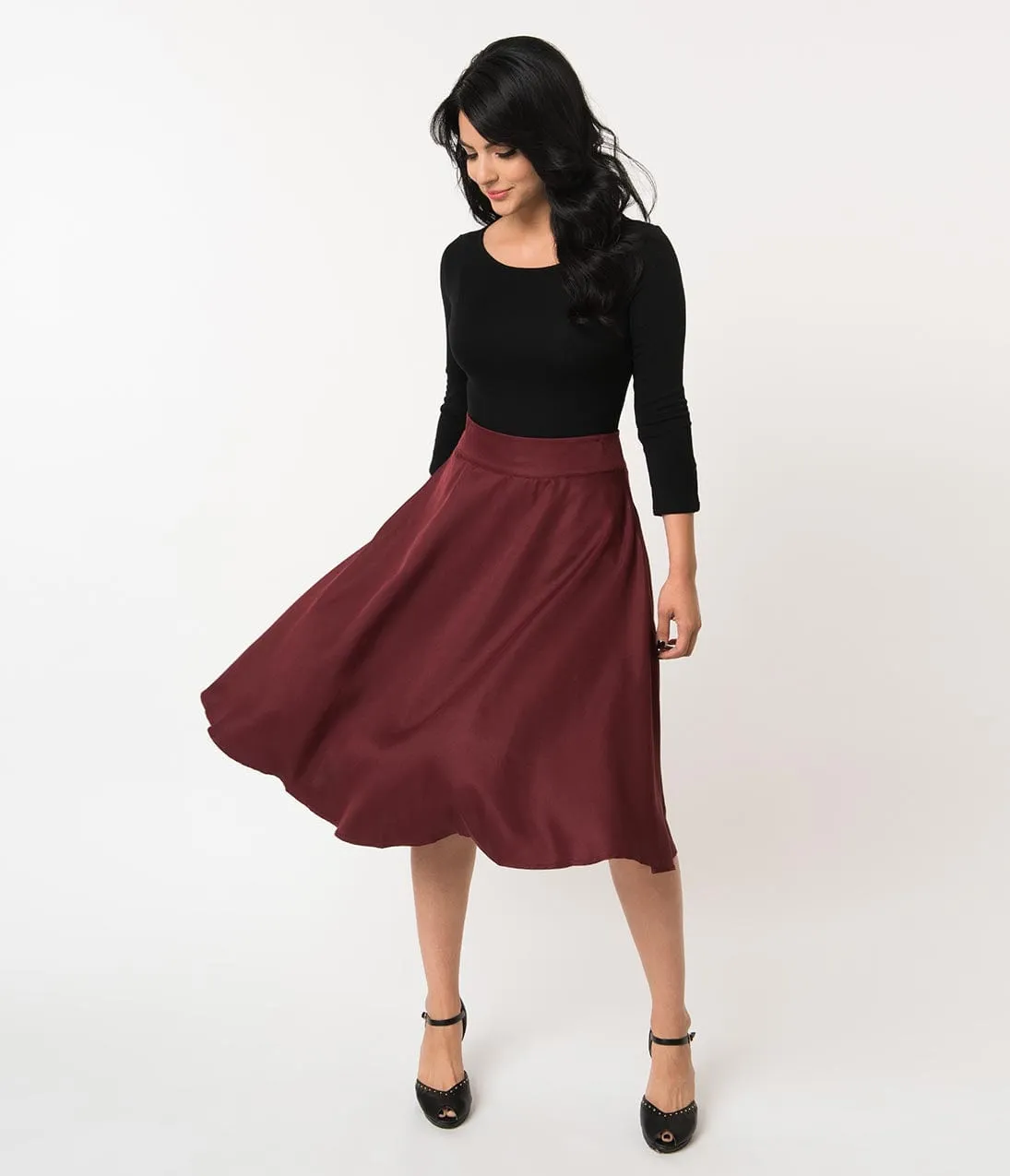 Unique Vintage Retro Burgundy Vivien Swing Skirt sold by Unique Vintage product image thumbnail 4