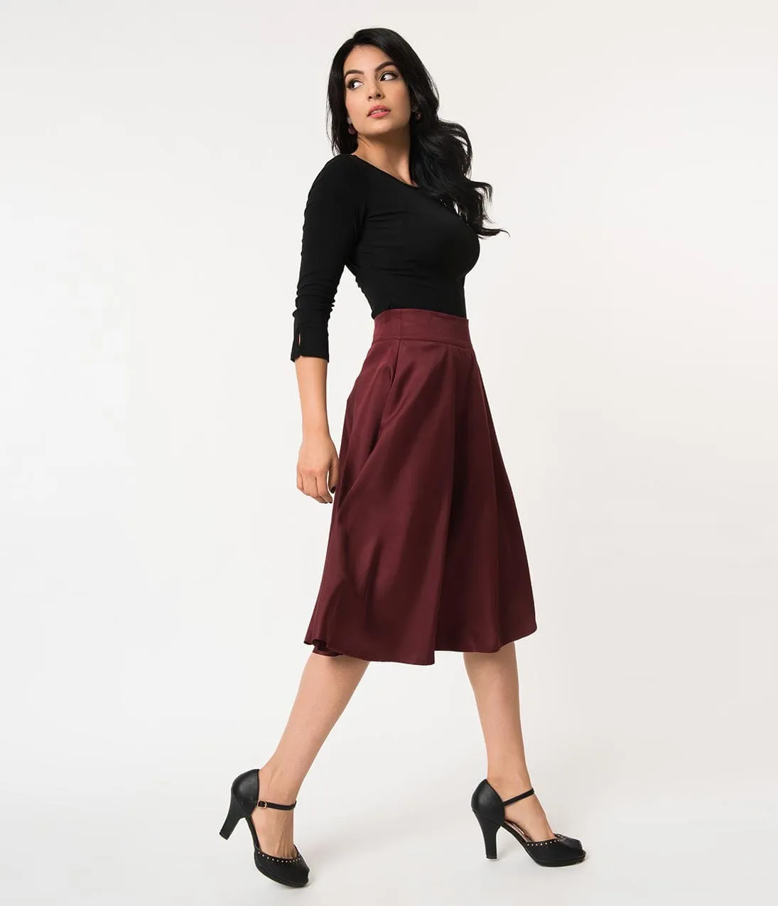 Unique Vintage Retro Burgundy Vivien Swing Skirt sold by Unique Vintage