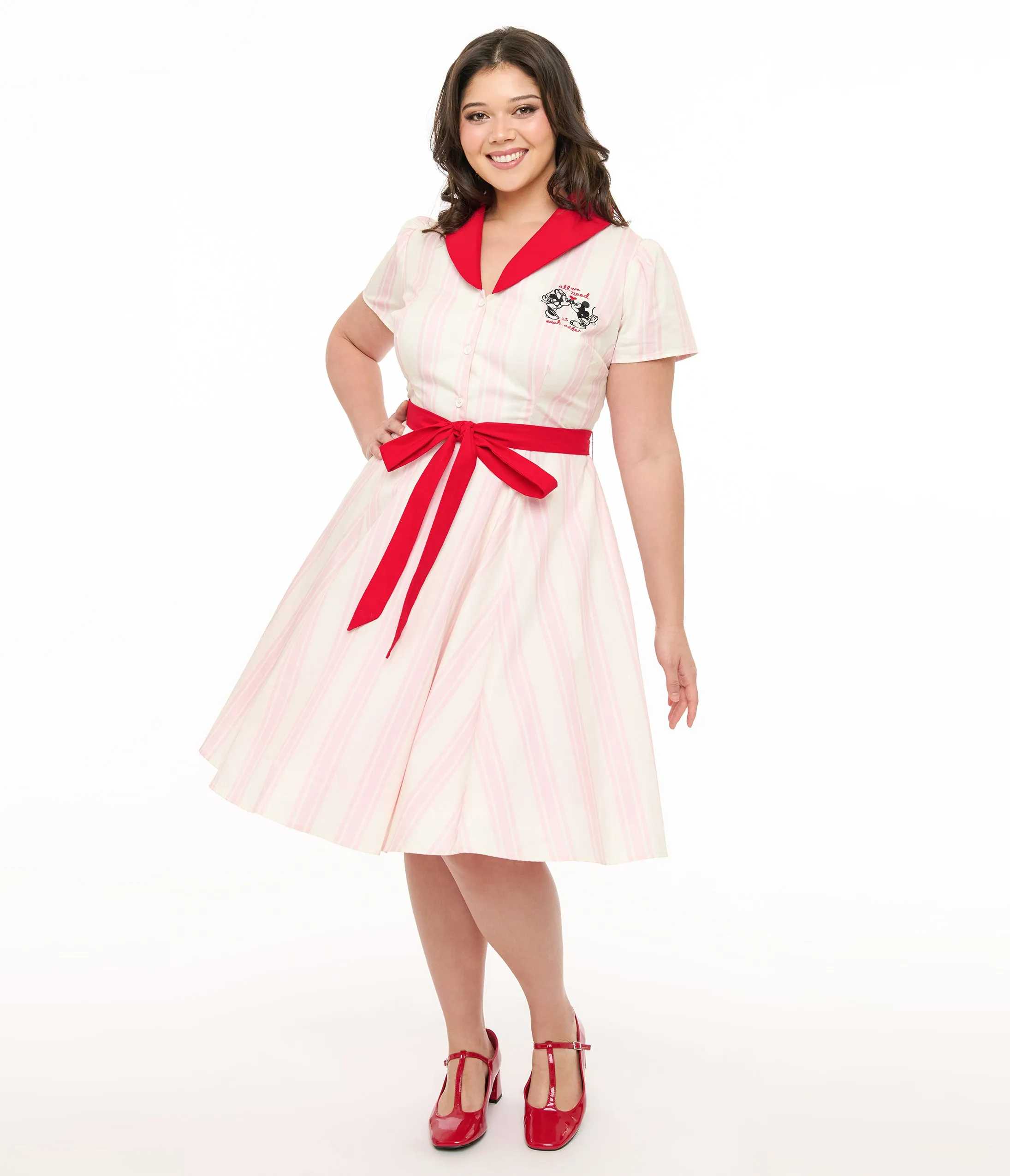 Disney Valentine Collection by Unique Vintage Plus Size Red & Pink Striped Cotton Shirt Dress sold by Unique Vintage