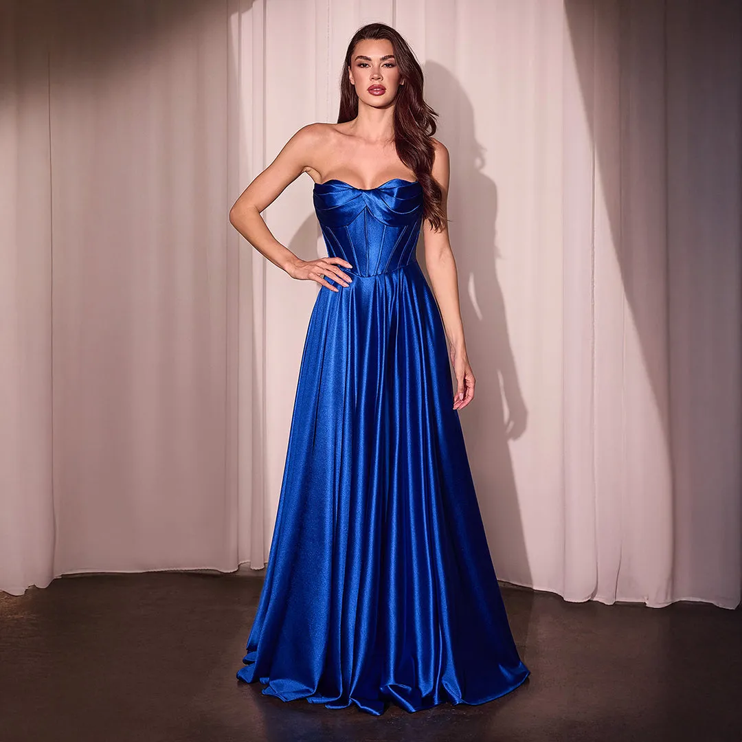 Ladivine by Cinderella Divine Royal Blue Satin Strapless A-Line Slit Prom Dress sold by Unique Vintage