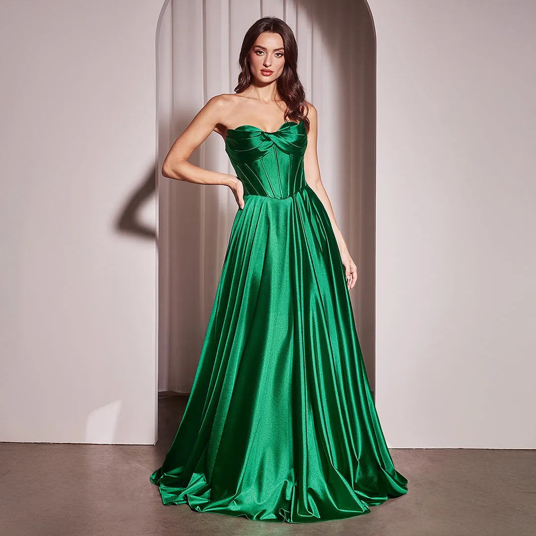 Ladivine by Cinderella Divine Emerald Satin Strapless A-Line Slit Prom Dress sold by Unique Vintage
