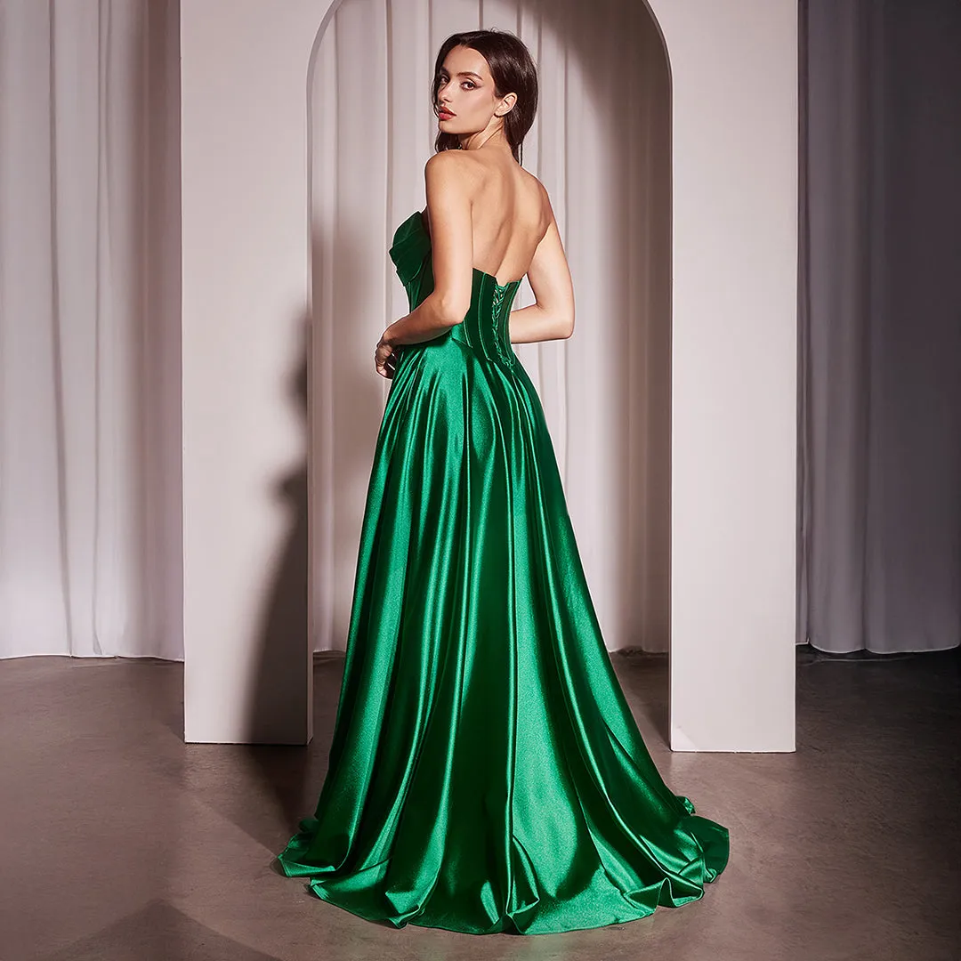 Ladivine by Cinderella Divine Emerald Satin Strapless A-Line Slit Prom Dress sold by Unique Vintage product image thumbnail 2