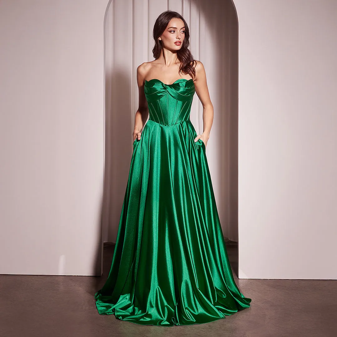 Ladivine by Cinderella Divine Emerald Satin Strapless A-Line Slit Prom Dress sold by Unique Vintage product image thumbnail 3