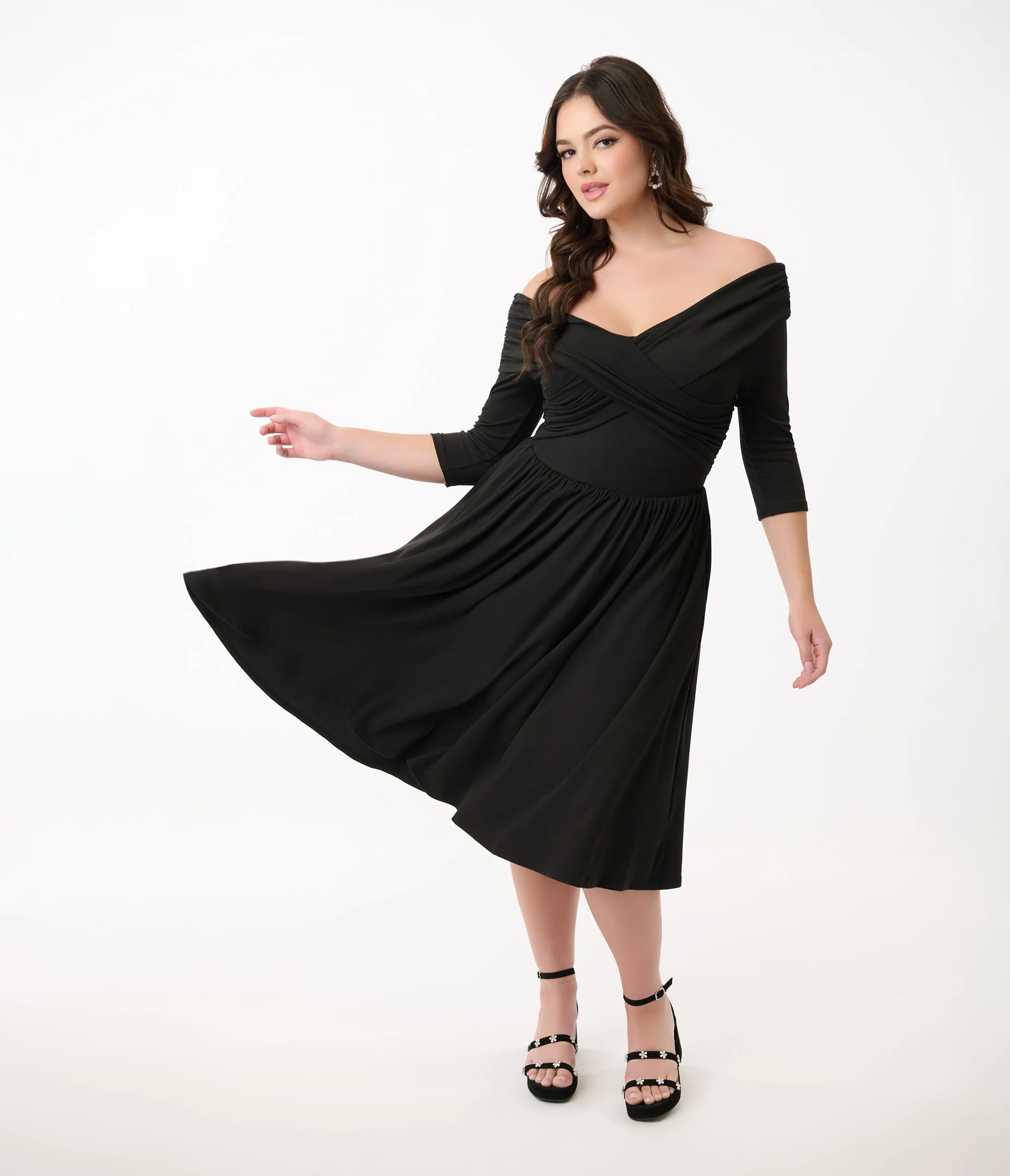 Unique Vintage Black Shirred Off Shoulder Swing Dress sold by Unique Vintage