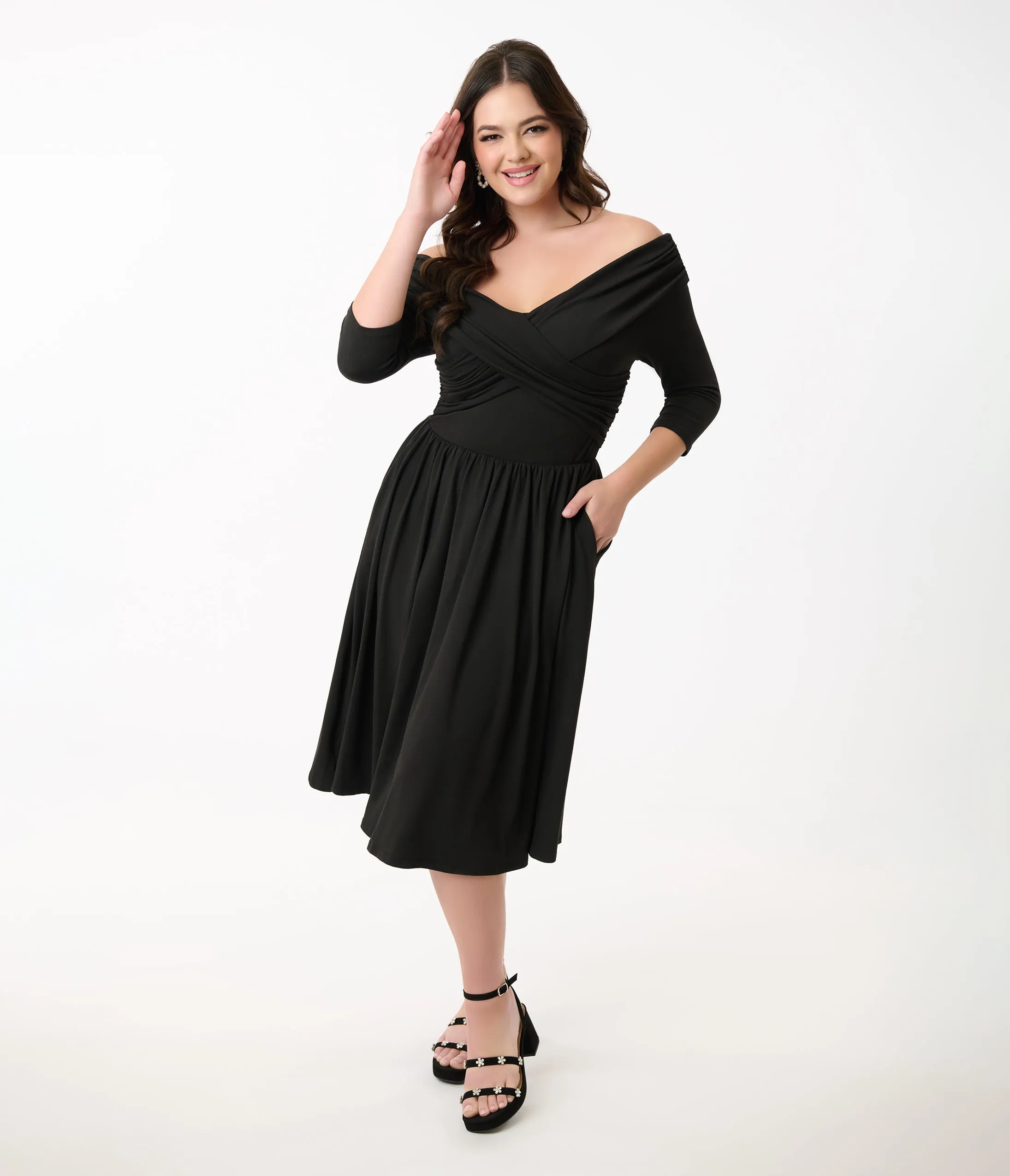 Unique Vintage Black Shirred Off Shoulder Swing Dress sold by Unique Vintage product image thumbnail 3