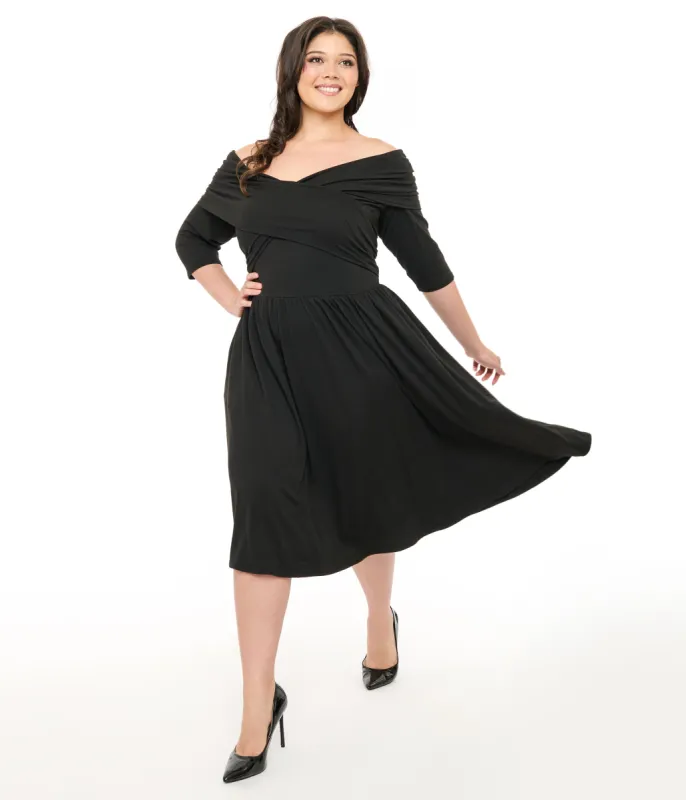 Unique Vintage Plus Size Black Shirred Off Shoulder Swing Dress sold by Unique Vintage