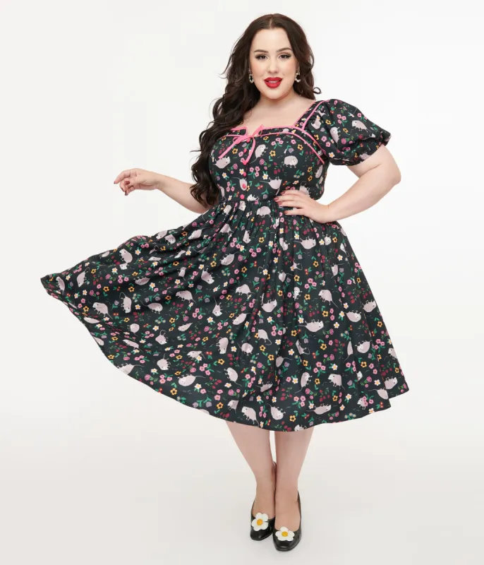 Unique Vintage Plus Size 1940s Black & Pink Awesome Possum Button Front Swing Dress sold by Unique Vintage