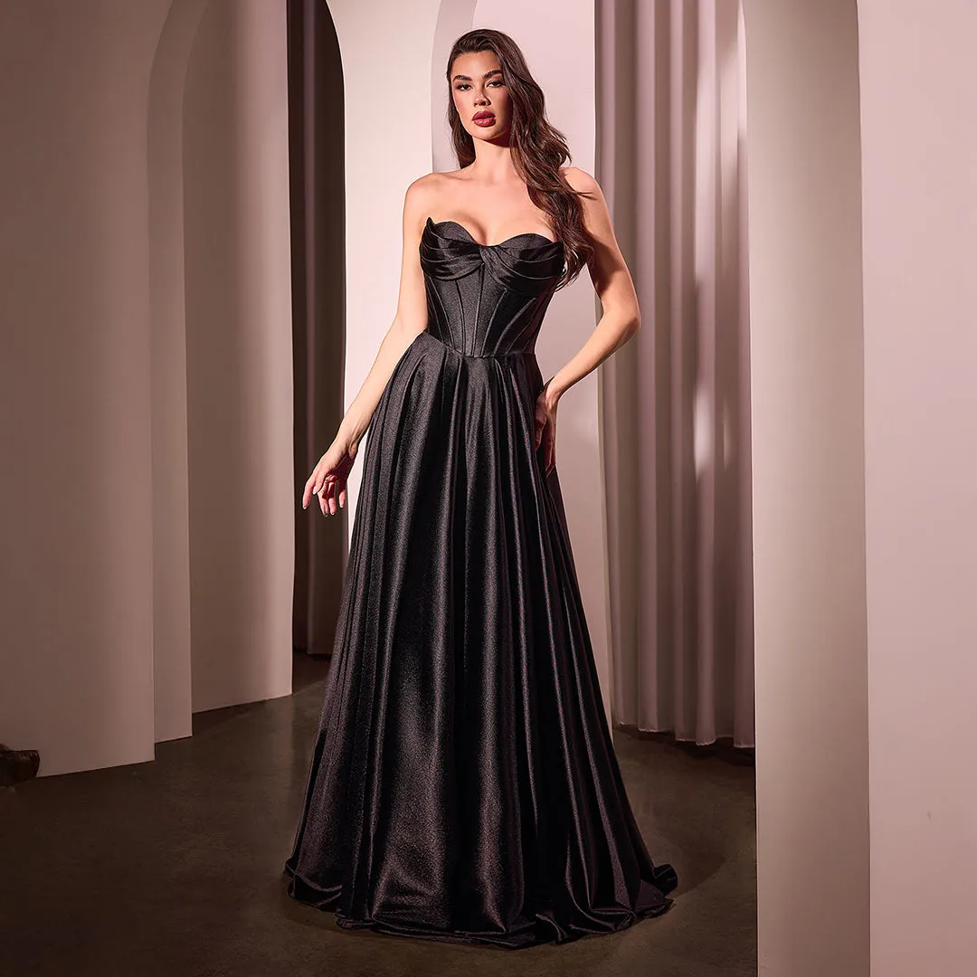 Ladivine by Cinderella Divine Black Satin Strapless A-Line Slit Prom Dress sold by Unique Vintage