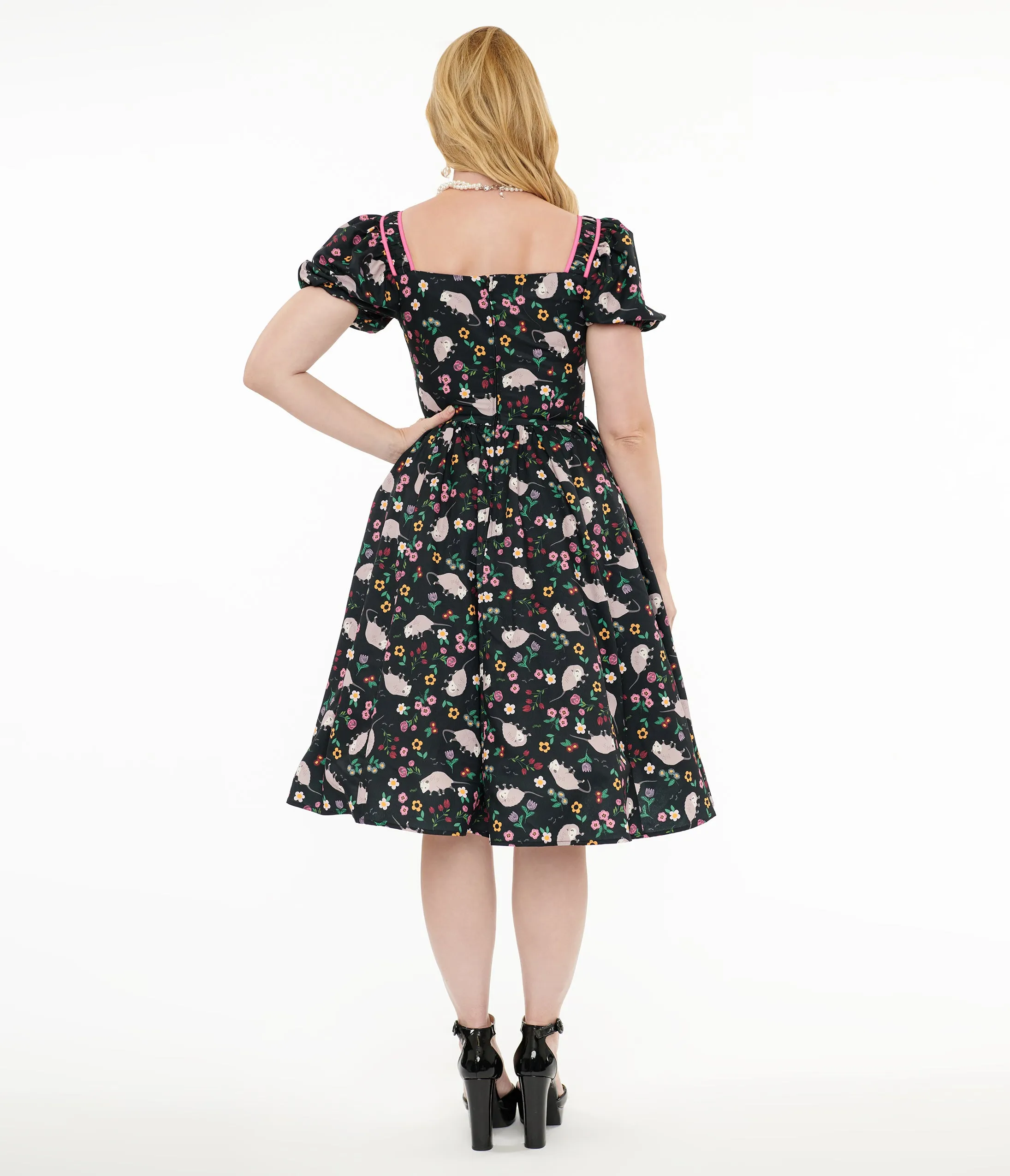 Unique Vintage 1940s Black & Pink Awesome Possum Button Front Swing Dress sold by Unique Vintage product image thumbnail 2