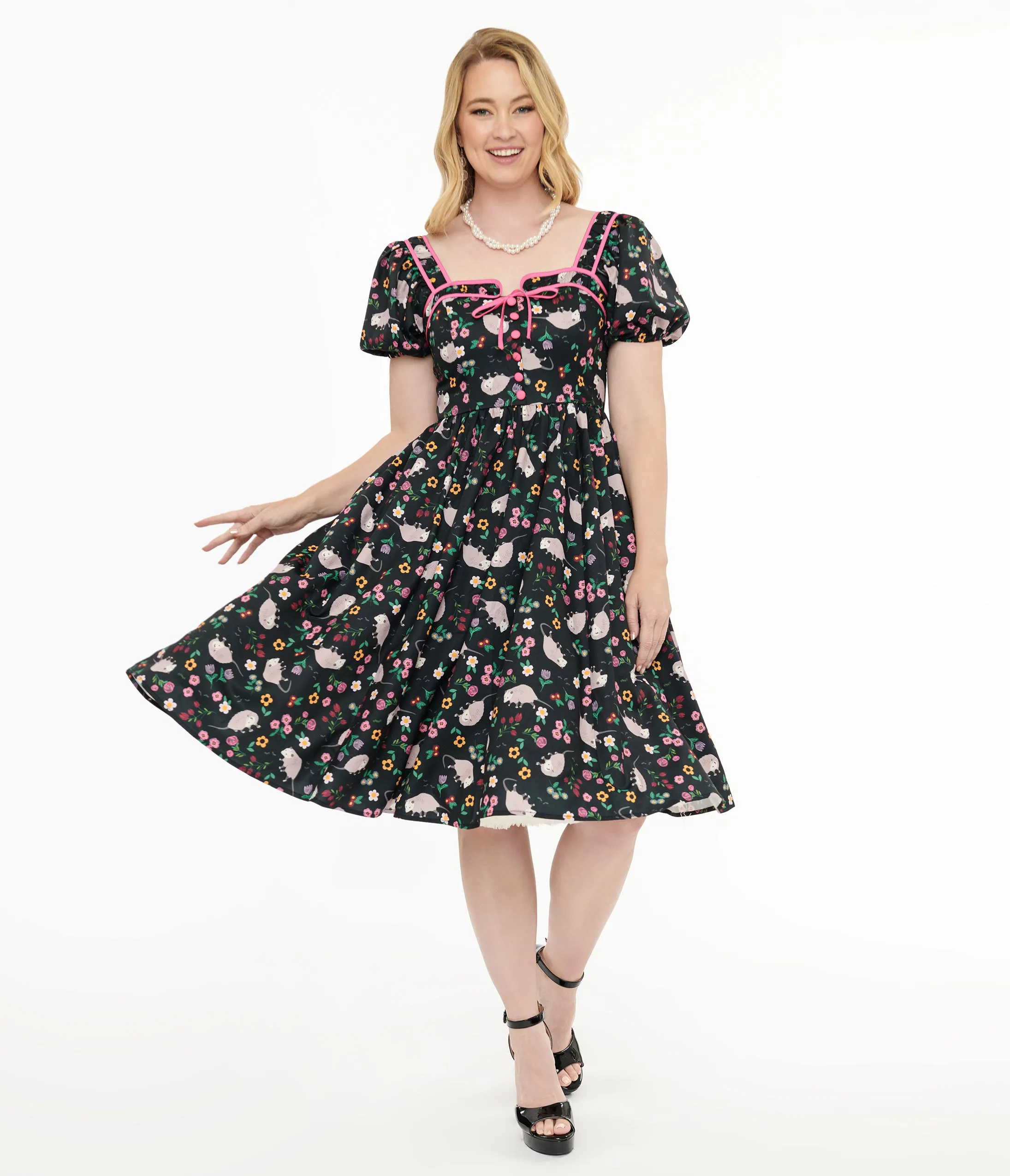 Unique Vintage 1940s Black & Pink Awesome Possum Button Front Swing Dress sold by Unique Vintage