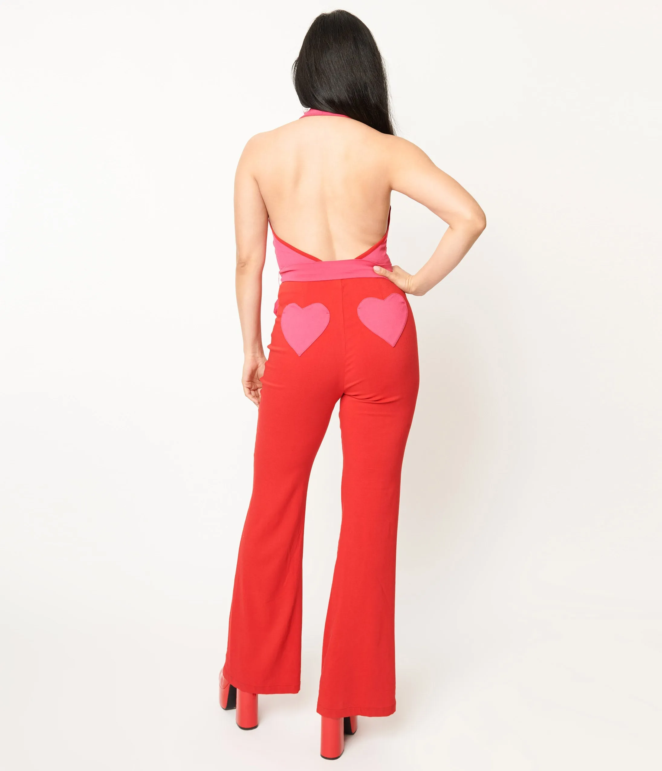 Smak Parlour 1970s Red & Pink Heart Pocket Front Zip Halter Jumpsuit sold by Unique Vintage product image thumbnail 2