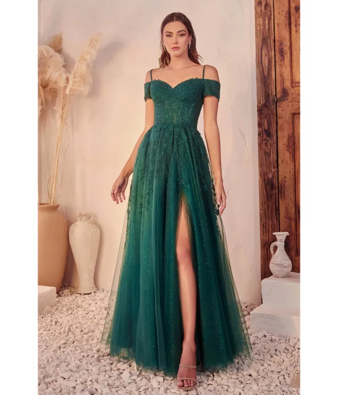Ladivine by Cinderella Divine Emerald Glitter Tulle Off The Shoulder Applique Slit Gown sold by Unique Vintage