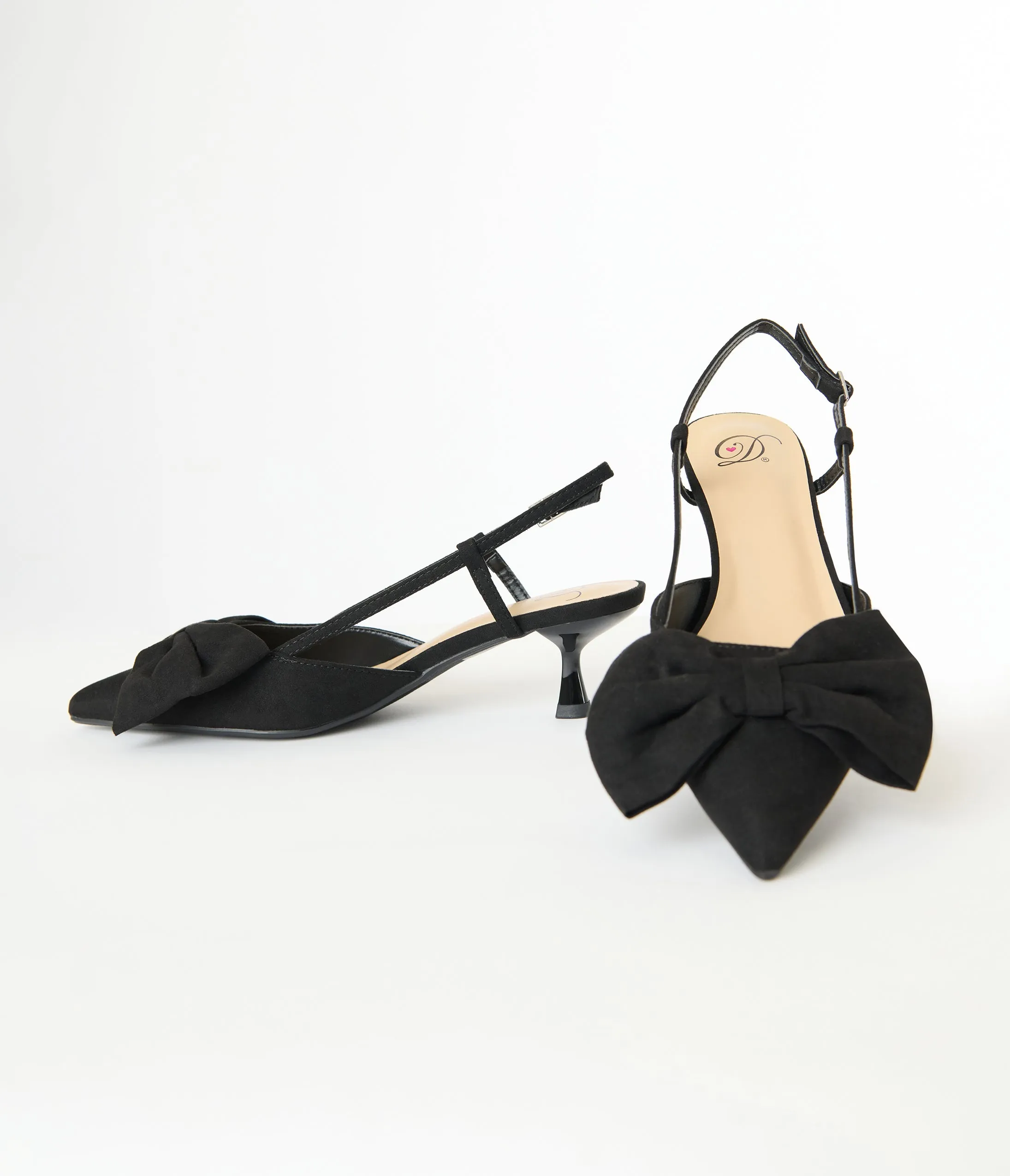 Black Suede Bow Kitten Slingback Heels sold by Unique Vintage