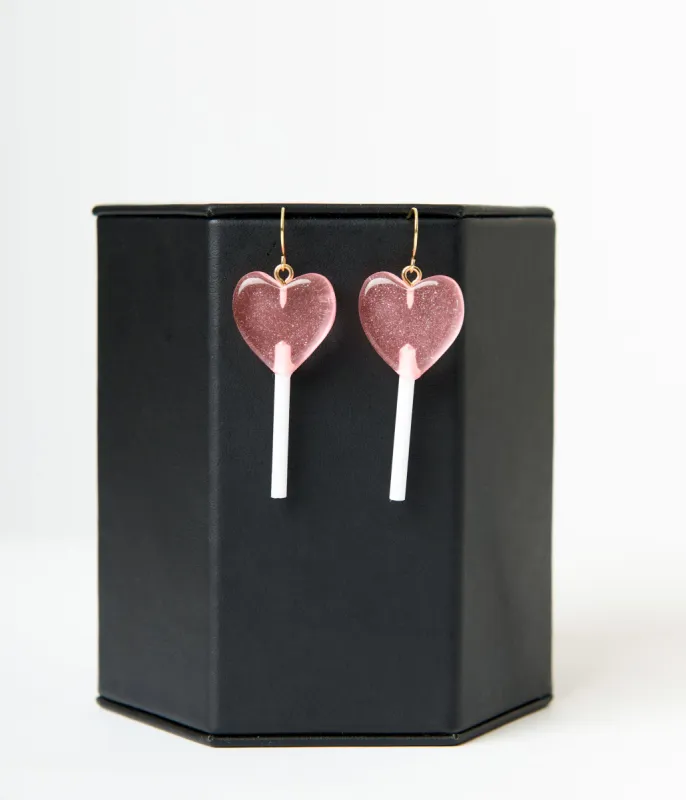 Glittery Pink Heart Lollipop Earrings sold by Unique Vintage