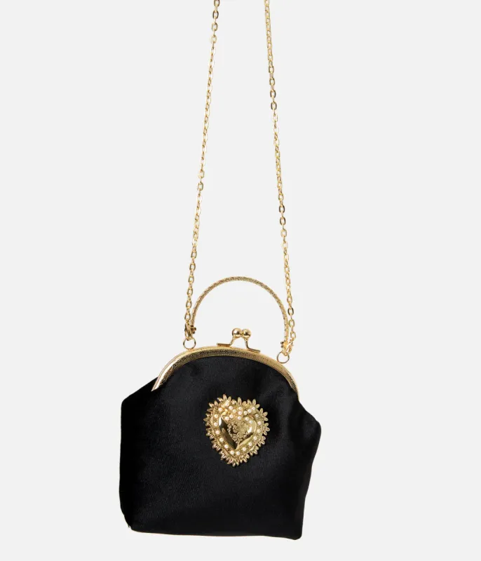 PinRock Shop Black Velvet & Gold Heart Handbag sold by Unique Vintage
