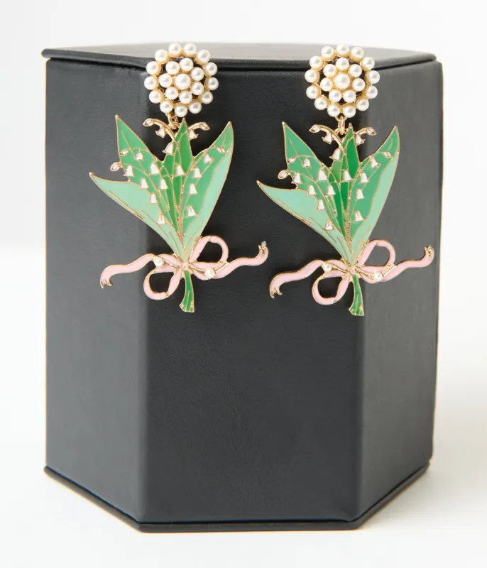 Pink & Green Lily of the Valley Enamel Bouquet Earrings sold by Unique Vintage